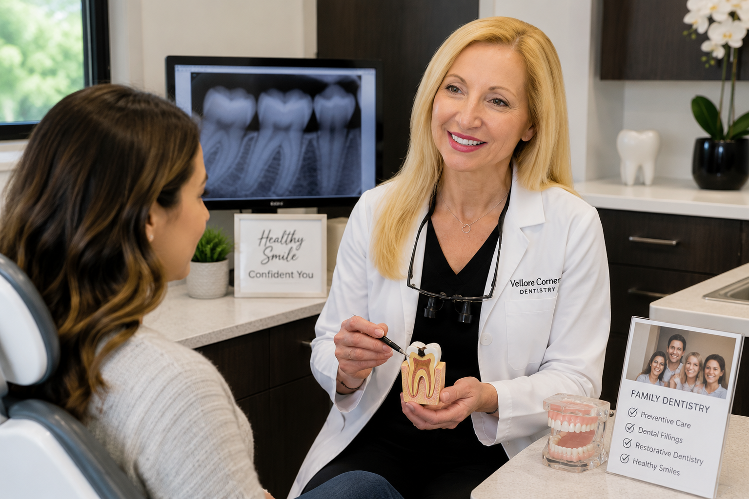 Dentist examining a patient for signs of a cavity and discussing dental filling treatment in Woodbridge.